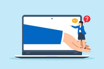 Poster - Flat illustration of staff providing online assistance to client with laptop and digital hand support for customer help