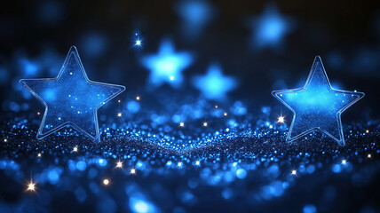 Poster - Sparkling blue stars glowing brightly on a dark background with a magical festive night feeling