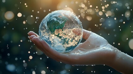 Wall Mural - hand holding earth with water droplets: a hand holding the earth, covered in sparkling water droplet
