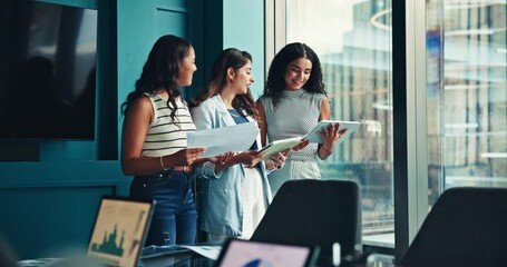 Poster - Meeting, tablet and business women in office for online research, proposal and company review. Teamwork, corporate and workers on digital tech for discussion, finance strategy and budget report