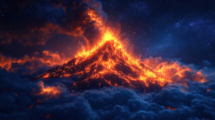 Poster - Volcano erupting with glowing lava at night surrounded by clouds and a starry sky backdrop