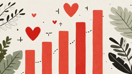 Poster - Red bar graph with hearts and botanical elements on a cream-colored background