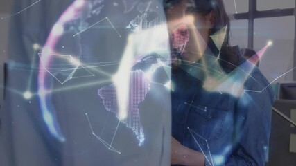 Poster - Female interacting with tablet in technology office, showing holographic globe and network graphics