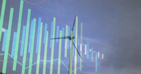 Poster - Wind turbine rotating against cloudy sky, displaying bar charts, red line graph and grid overlay