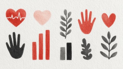 Poster - Simple hand-drawn illustrations of hearts, leaves, and other graphic elements.