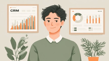 Poster - Smiling young man with charts and plants, representing business and data analysis.