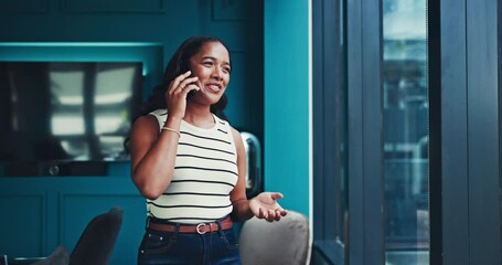 Poster - Business, woman and phone call for happy deal with smile, negotiation or real estate sale. Realtor, communication and person with property contact or discussion, client and online consultation