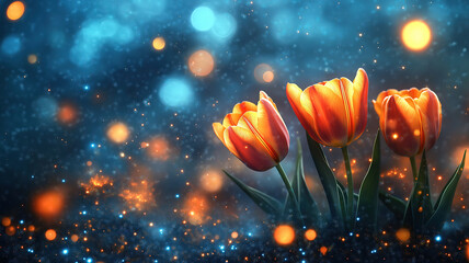 Poster - Bright blue and yellow cosmic background with scattered stars and vibrant tulips for artistic design