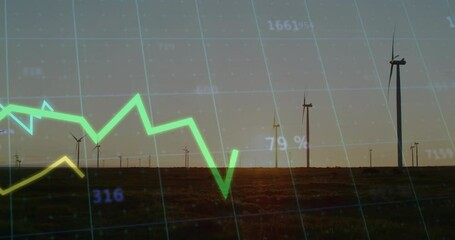 Poster - Flat design wind turbines spinning at sunset, grid overlay tracking neon green zigzag chart rising