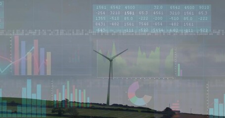 Poster - single modern wind turbine standing on green hillside, displaying animated data overlays and graphs