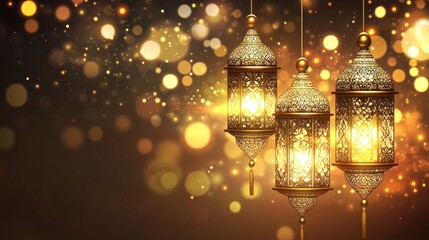 Ramadan lanterns glow, bokeh background