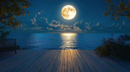 Poster - Serene nighttime scene with a wooden deck overlooking a tropical full moon, softly illuminating the calm ocean