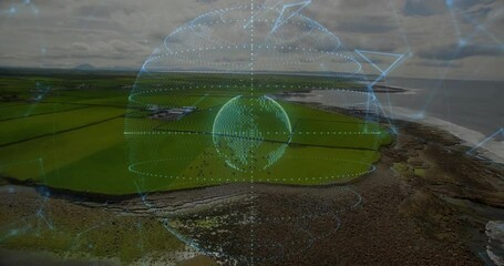 Poster - Holographic globe hovering over coastal farmland displaying circular rings, grid points, data nodes