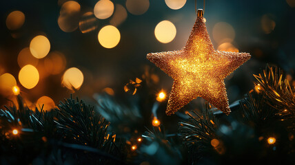 Poster - Luminous holiday star shining in the twilight with trailing stardust effects