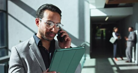 Aufkleber - Phone call, office and businessman in lobby on tablet for online project, research and financial planning. Corporate, professional and worker on digital tech for communication, talking and contact