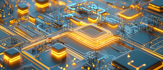 Fototapete - Abstract Circuit Board Design With Glowing Orange And Blue Lines