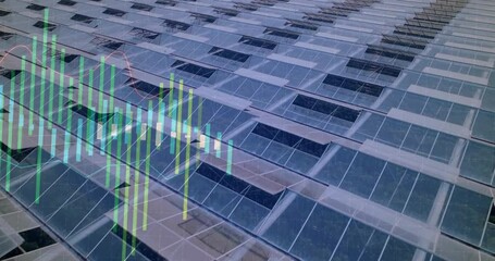 Poster - Expansive solar panel grid getting overlaid with colorful bar charts and line graphs in flat design