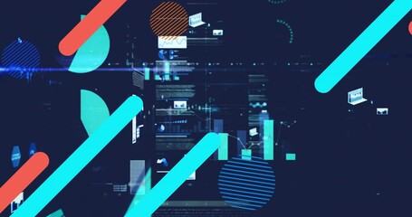 Poster - Turquoise bar moving across frame while floating charts aligning on futuristic dashboard