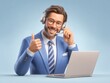 © UraiwanT - Cheerful businessman in suit with headset, smiling and giving thumbs up, working remotely from a bright modern office.