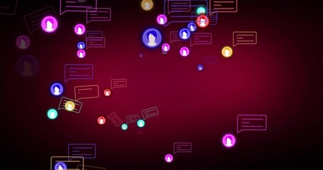 Poster - Neon avatar icons and speech bubbles floating across dark gradient background, showing chat network