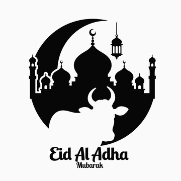 A depiction of Eid al-Adha, showing a silhouette of a cow and a mosque, symbolizing the Islamic festival of sacrifice.