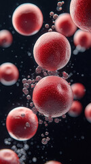 Poster - A close up of red spheres with bubbles surrounding them. The bubbles are in different sizes and are scattered around the spheres. Concept of movement and energy