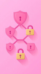 Poster - A pink background with a series of yellow and pink locks. The locks are arranged in a way that they form a network. Concept of security and protection