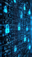 Poster - A blue screen with many blue locks on it. The locks are all different sizes and shapes. Concept of security and protection, as the locks are all in place and ready to be used
