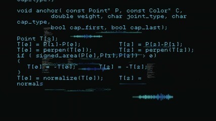 Aufkleber - Monospaced cyan-blue code text animating on dark terminal, showing glitch waveforms in flat design