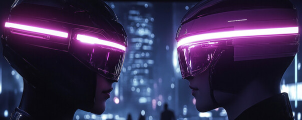 Poster - Two people wearing neon helmets are standing in front of a city skyline. The scene is set in a futuristic world