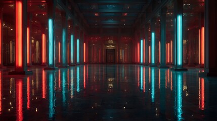 Poster - Architectural marvel illuminated with contrasting neon columns and reflective floor