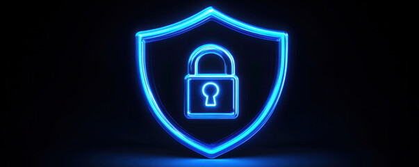 Poster - A blue shield with a keyhole in the middle. The shield is lit up and he is a security symbol
