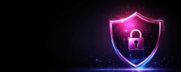 Poster - A purple and blue shield with a keyhole in the middle. The shield is a symbol of protection and security