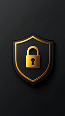 Poster - A gold colored lock is on a black background. The lock is surrounded by a gold shield. Concept of security and protection