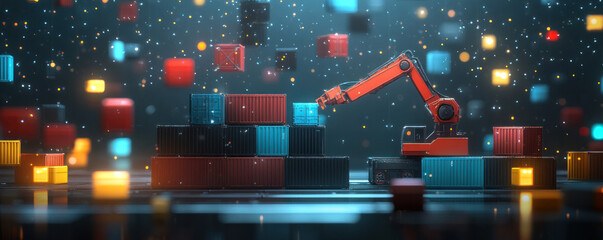 Poster - A robot is lifting a stack of boxes. The boxes are in different colors and sizes, and the robot is red. The scene is set in a dark room with a lot of light shining on the boxes