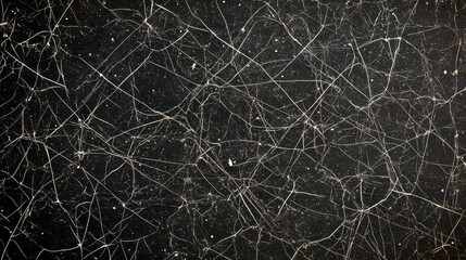 Abstract texture of interwoven, light-gray lines on a dark background, with speckled dust