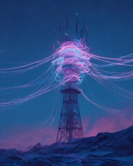 Poster - Surreal wireless communication tower with vibrant ethereal connectivity glow