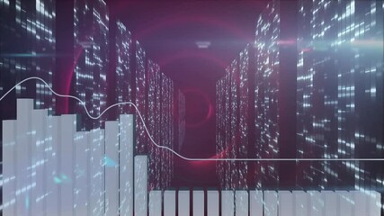 Poster - Data visualization moving through digital tunnel, featuring translucent 3D bar chart and line graph