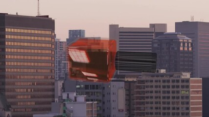 Poster - Translucent red 3D prism and reflective black cylinder floating above skyline at dusk in 3D render