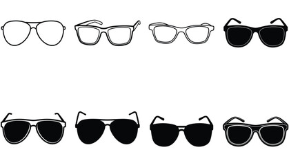 8 Bundle set of sunglasses and eye glasses outline and silhouette vector on white background.