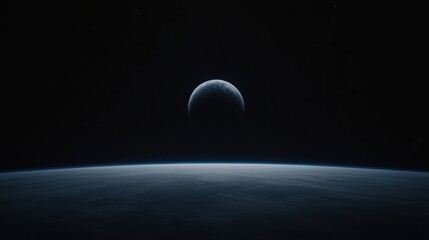 Wall Mural - A distant planet rises above the horizon of another world, set against the vast darkness of space.