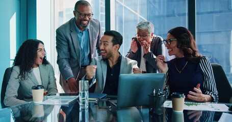 Aufkleber - Meeting, success and business people in office on laptop for online research, winning and finance planning. Teamwork, corporate and men and women on computer for profit, investment and good news