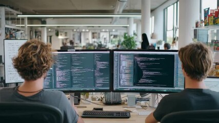 Two Software Developers Collaborating on Code in a Modern Office Environment with Dual Monitors