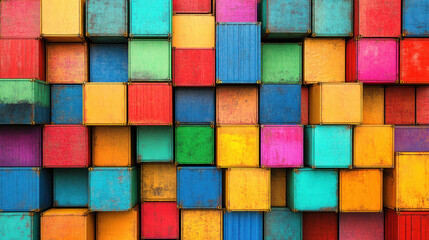 Poster - A colorful wall made of wooden blocks. The blocks are of different colors and sizes, creating a vibrant and lively atmosphere. The wall appears to be a work of art, showcasing the creativity