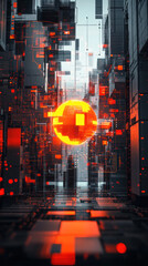 Poster - A cityscape with a glowing red ball in the middle. The image is a representation of a futuristic city with a glowing orb in the center. The red color of the ball