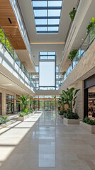 Poster - A large, open atrium with a glass ceiling and a long, narrow hallway. The ceiling is clear and bright, and the hallway is lined with potted plants. The space is designed to be open and inviting