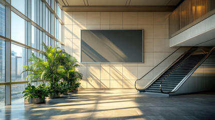 Poster - A large empty room with a black sign on the wall and a staircase in the background. The room is bright and empty, with a large window letting in sunlight