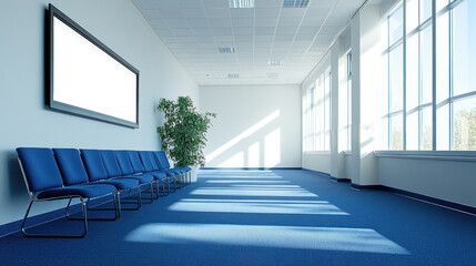 Poster - A large room with blue chairs and a potted plant. The room is empty and has a clean, modern look