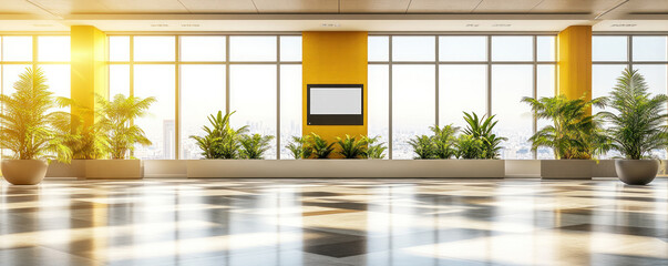 Poster - A large open room with a white wall and a large window. The room is filled with potted plants and a large flat screen television. The room is bright and airy, with a sense of spaciousness and openness