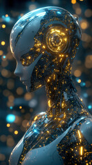 Poster - A woman with a robotic face is shown in a blurry image with a lot of lights and colors. The image has a futuristic and sci-fi vibe, with the woman's robotic features